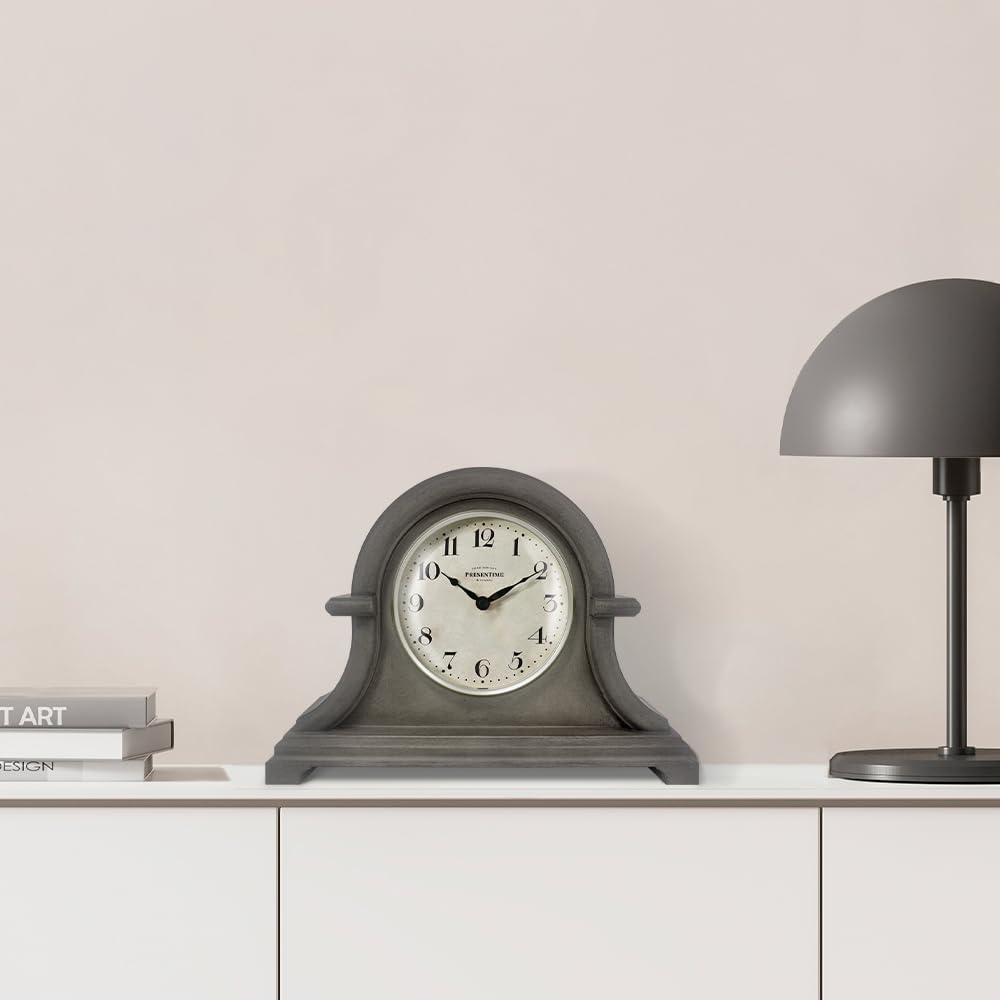Mantel Clock Vintage Farmhouse Series | Napoleon Desk & Shelf Clock, 13 x 10", Domed Lens, Quartz Movement, Gray Oak