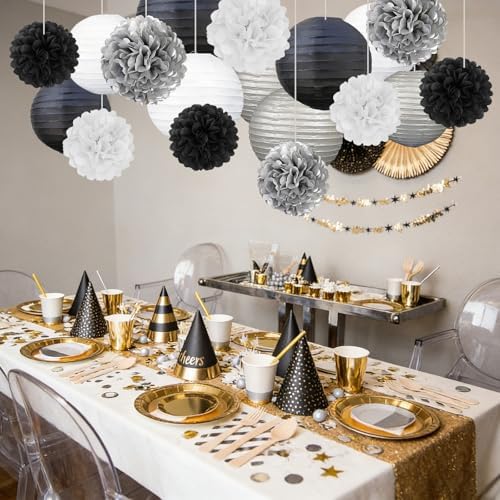 18 PCS Black White Silver Paper Lanterns & Tissue Paper Pom Poms for Men's Birthday, Graduation 2026, Wedding, Hanging Paper Decor for Indoor Outdoor Events Theme Party Supplies