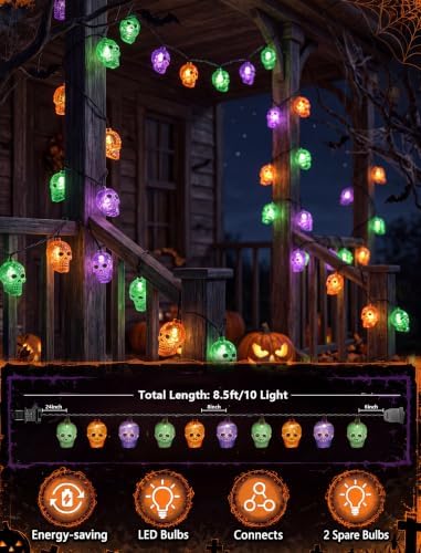 8.5Ft Outdoor Halloween Skull String Lights, 10 Plug in Ghost Head Lights