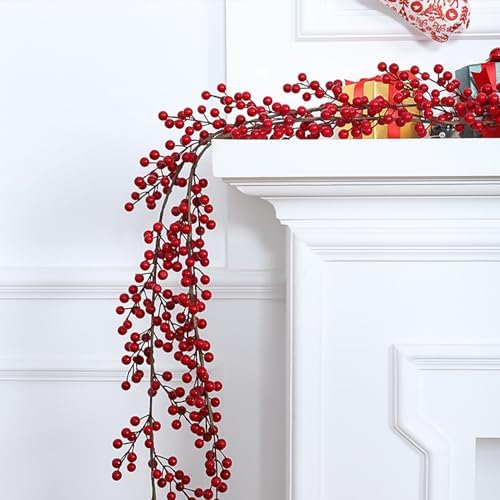 Christmas Red Berry Garland Artificial Burgundy Cranberry Xmas Tree Decor Holly Berry Garland for Winter Christmas Indoor Outdoor Home Fireplace Table Decorations(Large)-1PCS