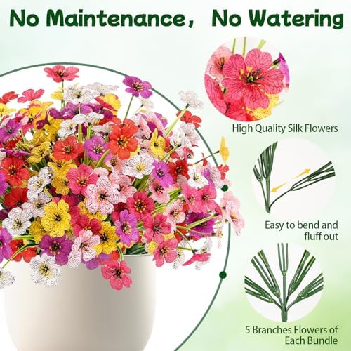 12 Bundles Artificial Flowers for Outdoors, UV Resistant Faux Plants