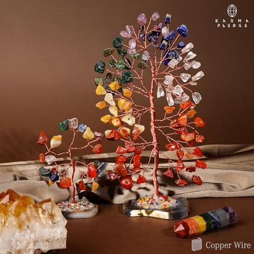 KARMAPLEDGE Set of 2 Crystal Trees Unique Birthday Gifts for Women, Mom & Dad, Slice Base Handmade Reiki Healing Stones
