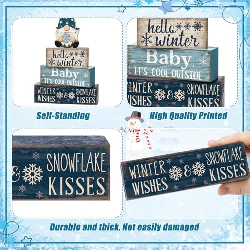 Moucuny 4 Pcs Winter Wood Block Signs Gnome Farmhouse Table Decoration