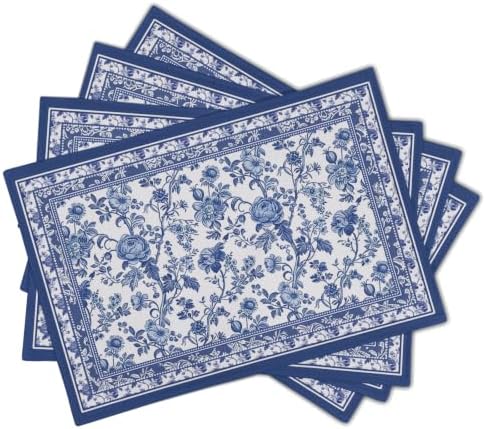 Blue Floral Placemats Set of 4 18x12 Inch Chinoiserie Blue and White Linen Place Mats Heat-Resistant Washable Wipeable French Toile Table Mat for Party Kitchen Dining Room Dinner Table Decor
