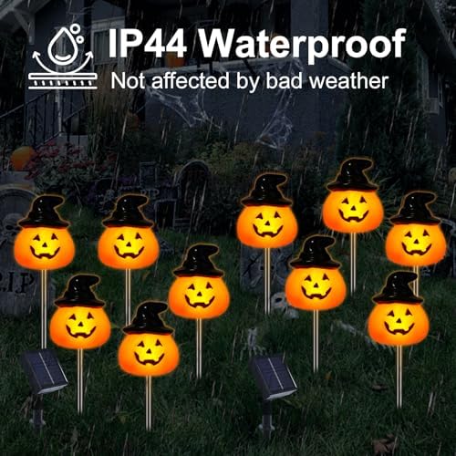 BRIGHTDECK Halloween Solar Pathway Lights Outdoor, LED Decor, Light Up Solar Stake Lights for Holiday, Halloween, Walkway, Sidewalk (Hat Pumpkin, 20-Pack)