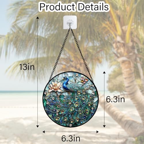 Peacock and Lotus Stained Glass Window Hanging Suncatcher Gifts Decor 6.3"