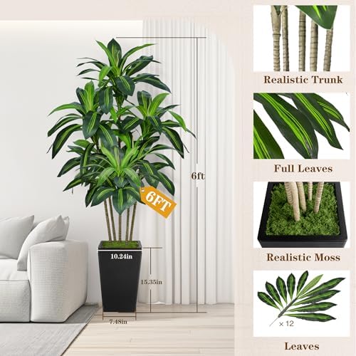 Flydeer 6FT Artificial Dracaena Tree with Tall Black Planter, Floor Plant