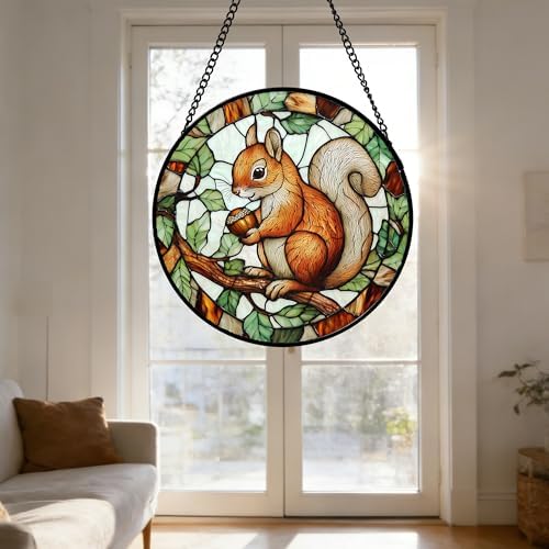 Red Squirrel with Acorn Stained Glass Window Hanging Suncatcher Gift 6.3"