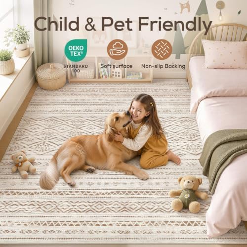 Nakagishi Area Rug Living Room Rugs: 7x9 Large Soft Machine Washable Boho Moroccan FarmNeutral Stain Resistant Indoor