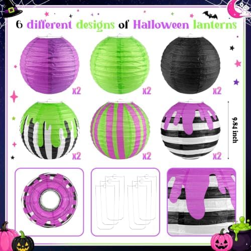 THAWAY 12 Pack 10 inch Halloween Paper Lanterns Black Purple Green Striped