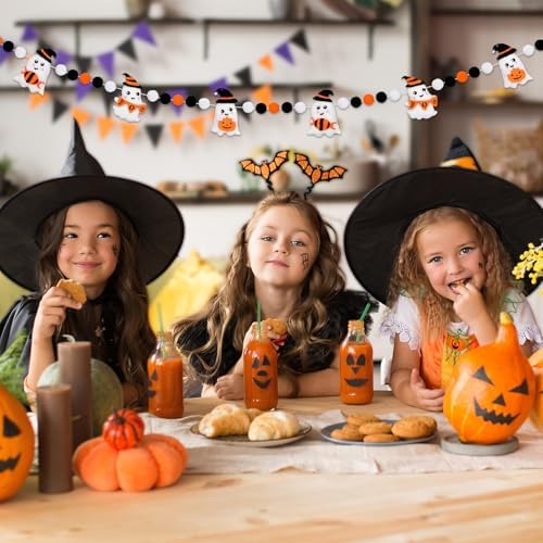 Whaline Halloween Felt Banner Cute 3D Ghost Hanging Garland Black Orange White Pom Ball Banner for Home Mantel Wall Window Decor Trick or Treat Party Supplies