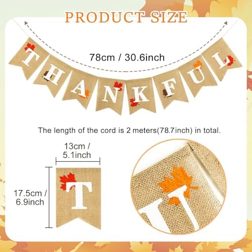 Whaline Thankful Burlap Banner Rustic Thanksgiving Garland Fall Maple Leaves Decorations Thanksgiving Mantel Fireplace Wall Hanging for Autumn Harvest Thankful Party Home Decor