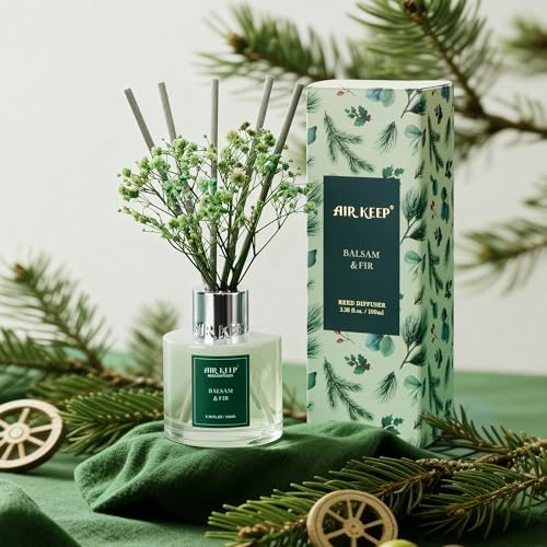 Airkeep Reed Diffuser Set,3.38 fl oz (100 ml) - Balsam & Fir Oil Diffusers with 8 Reed Sticks,Home Fragrance Reed