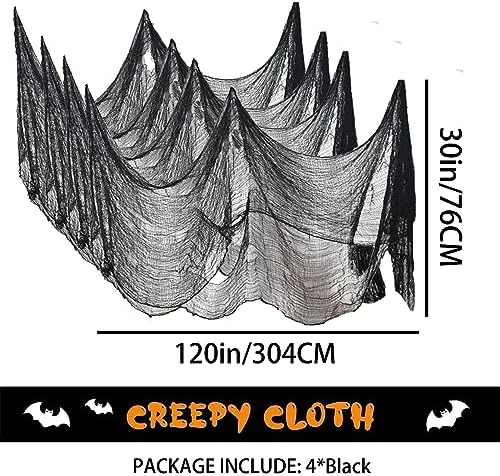 4 Pack Halloween Creepy Cloths, Scary Spooky Cloth Creepy Gauze, 30 x 120inch Freaky Loose Weave Creepy Cloth, Decoration for Haunted Houses Props Halloween Wall Outdoor Indoor Decor (Black)