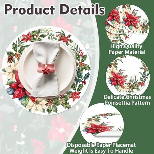 50 Pack Christmas Paper Placemats Disposable Poinsettia Place Mats 13.4 Inch Red Green Christmas Flower Decorative Round Table Mats for Xmas Winter Birthday Wedding Baby Shower Party Supplies