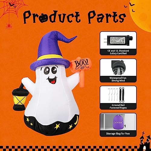 GOOSH 5 FT Halloween Inflatables Ghost Outdoor Decorations Blow Up Yard Cute Wizard Ghost with Hand-Held Light with Built-in LEDs for Garden Lawn Indoor Party Decor