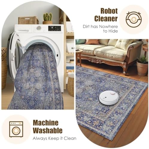 Washable Area Rug 3' x 5 ' Vintage Traditional Persian Mat - Foldable Distressed Non-Slip Machine Washable Carpet for