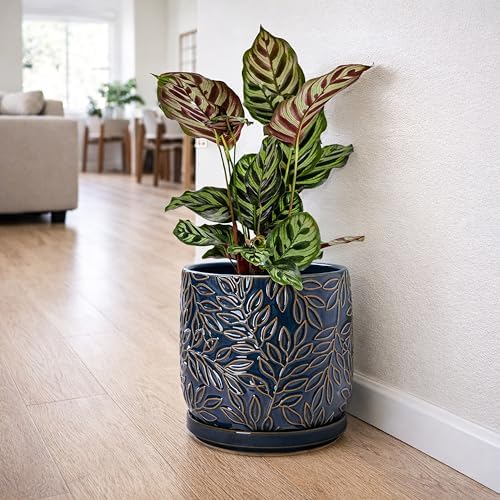 D'vine Dev Embossed Leaves Ceramic Planter, 8 in, Midnight Blue, 27-A-Q-3
