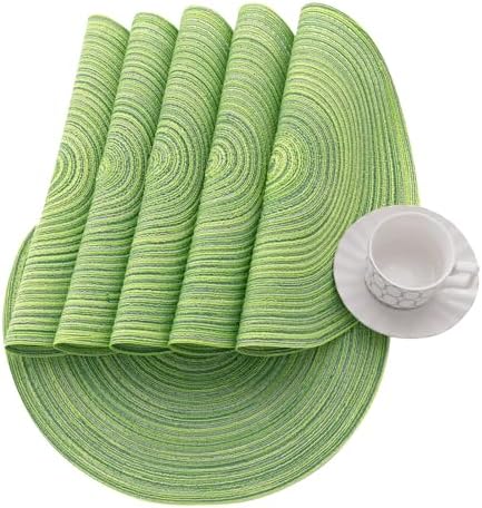 SHACOS Round Placemats Set of 6 for Dining Tables 15 inch Cotton Braided Placemats Washable Reversible for Kitchen Holiday Party (Mixed Color Pea Green, 6)