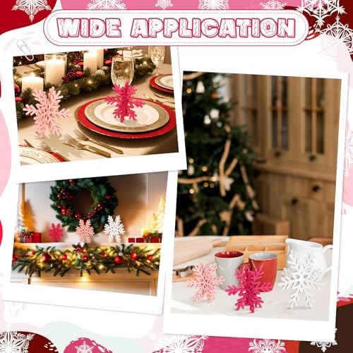 Bucherry 12 Pcs Wooden Snowflakes Table Decor,White, Pink, Rose Red