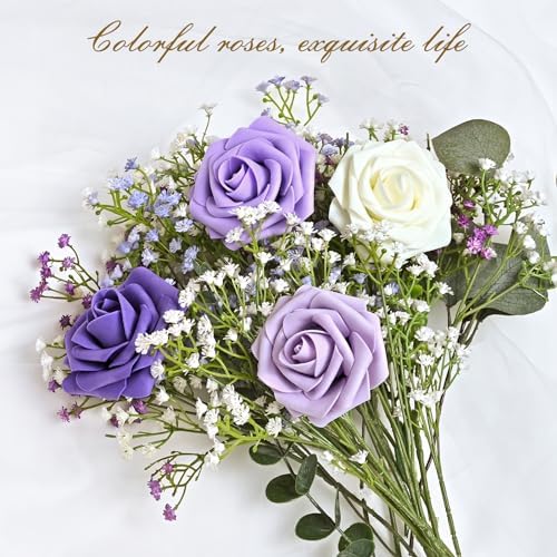 BLEUM CADE 36Pcs Artificial Flowers Fake Foam Roses with Stems for Wedding
