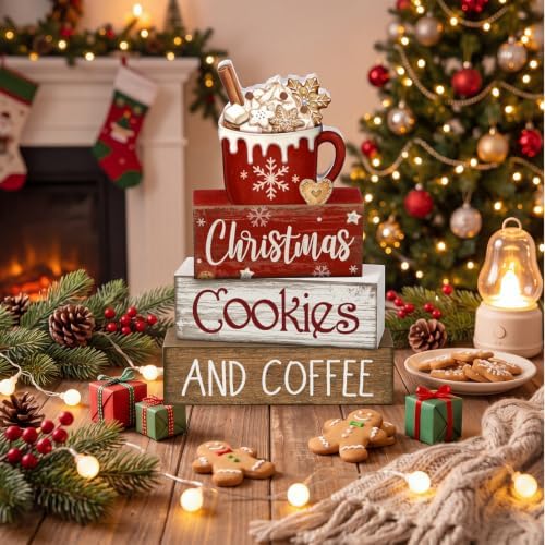 Lineshading 4 Pcs Christmas Coffee Table Decor, Hot Cocoa Wood Block Signs