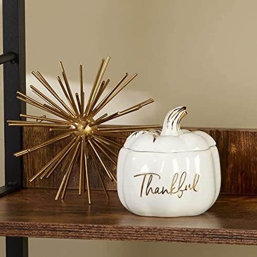 Kate Aspen Thankful White Pumpkin Bowl - Ceramic Decorative Pumpkin Decor Candy Dish With Lid, Fall Candy Dish, Thanksgiving Bowl, Fall Decorations for Home, Kitchen Decor, Thanksgiving Decorations