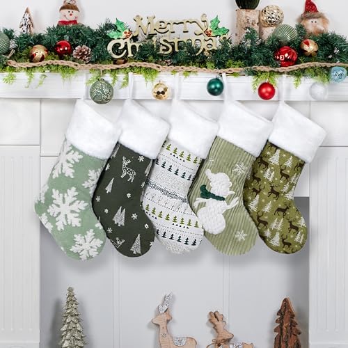 LUBOT Set of 5 Pack Christmas Stockings Applique Sequin Embroidery Craft Mix Plush Classic Rustic Large Family Xmas Stocking Set Fireplace Hanging Holiday Decor