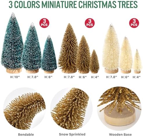 9Pcs Mini Christmas Trees Christmas Decor Artificial Christmas Decorations with 4 Sizes, Christmas Tree Bottle Brush Trees Christmas Table Decorations (Dark Green Golden Beige)