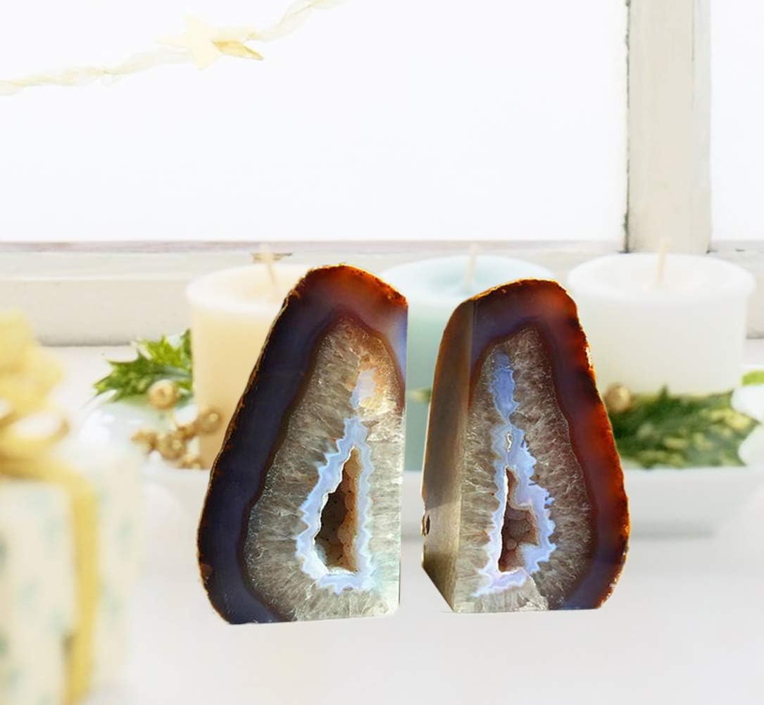 Geode Bookends Agate Shelve Decor Crystal Book Ends for Heavy Books / Nature / 3-4LBS / Brown