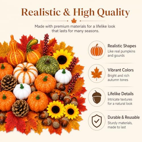 Artificial Fall Harvest Decor Set, 96 Piece Faux Pumpkins, Gourds, Sunflowers, Pinecones, Acorns, Berries and Maple Leaves for Thanksgiving, Halloween Table Centerpieces and Autumn Home Decor