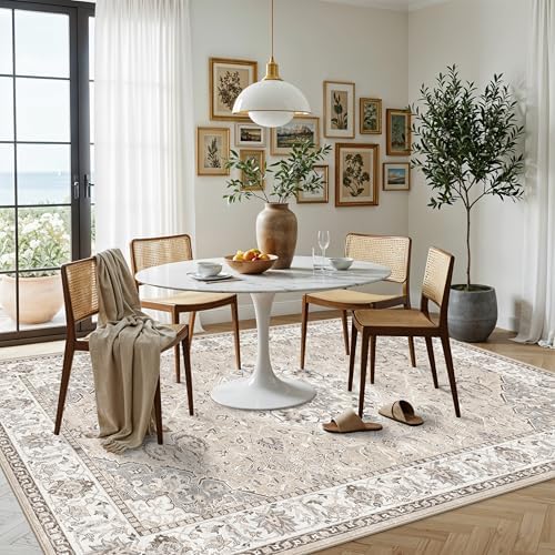 7x10 Area Rug for Living Room: Washable Neutral Vintage Large Rugs for Bedroom, Office, Dining Room, Kids Room