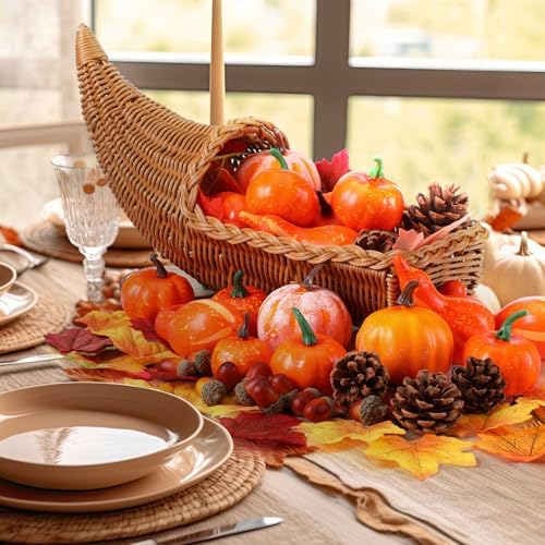 100 Pcs Fall Cornucopia Basket Set with Pumpkins Acorns Leaves