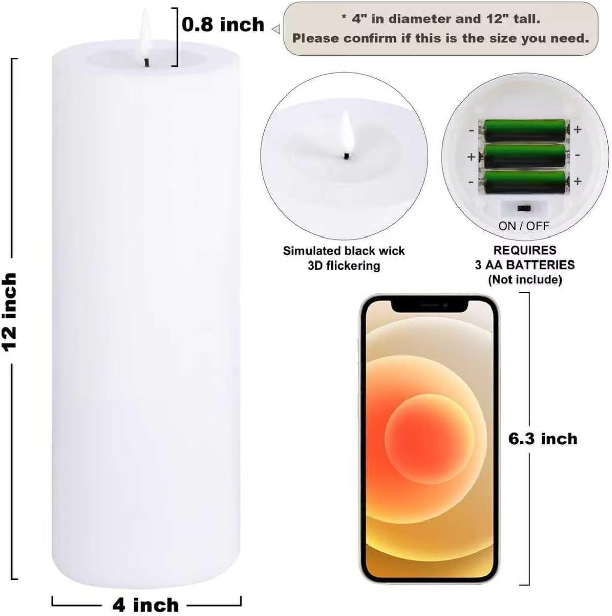 Large Flameless LED Candles Outdoor: 12" x 4" Battery Operated Pillar Candles Flickering with Timer Waterproof Fake