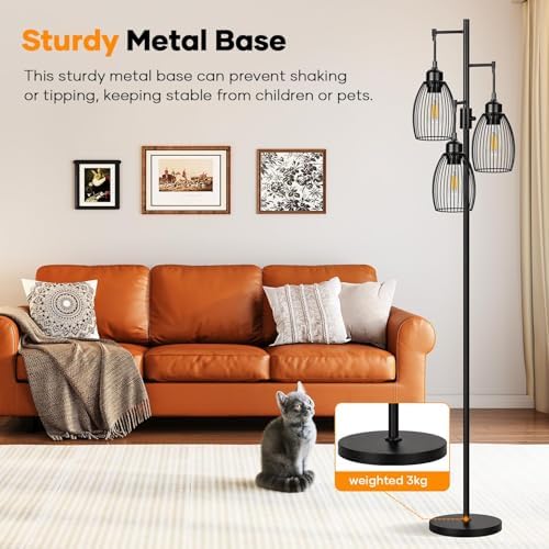 Dimmable Floor Lamp, 3 x 800LM LED Edison Bulbs Included, Farmhouse Industrial Floor Lamp Standing Tree Lamp with