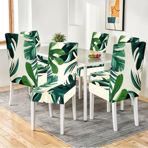 Tropical Leaf Chair Covers for Dining Room – Stretch Removable Washable Seat Slipcovers for Kitchen, Banquet, Wedding, Party – Modern Botanical Green Plant Print Decor,Set of 6