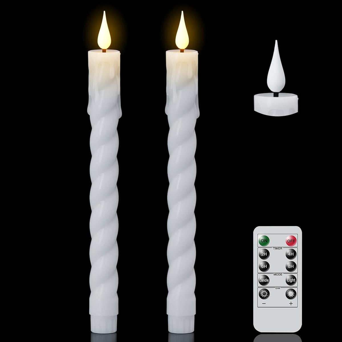 White Flameless Taper Candles Battery Operated with Remote Timer