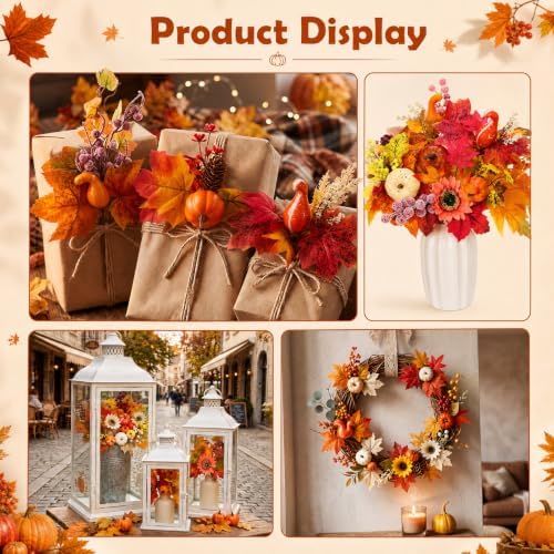 28 Pcs Fall Flower Pick, Artificial Floral Leaf Stem, 12 Inch, Maple Leaf