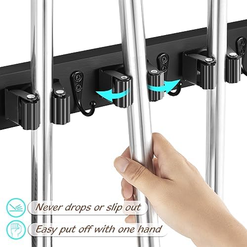 OUTNILI Black Mop Broom Holder Wall Mount with 4 Slots & 4 Hooks - Rustic Wood Broom Mop Hanger for Pantry Closet