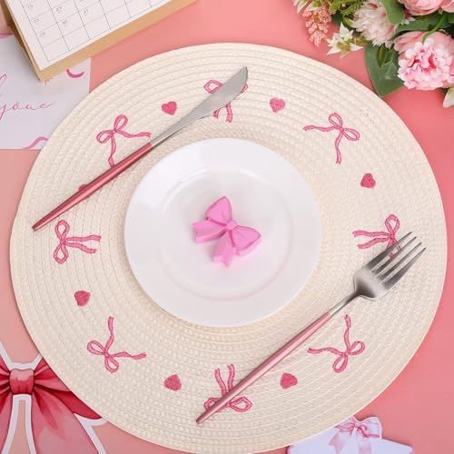 Whaline 4 Pcs Round Placemats White Pink Bow Embroidered Place Mats Coquette Bowknot Heart Dinner Table Mats for Home Wedding Baby Shower Birthday Party Decor