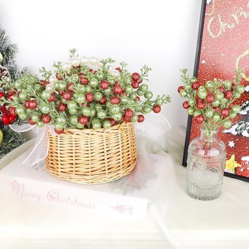 24 Pack Christmas Glitter Green Red Berry Stems, 7.5 Inch Artificial Christmas Berries Picks for DIY Crafts Xmas Tree Christmas Wreath Home Wedding Home Party Decoration (Green&Red)