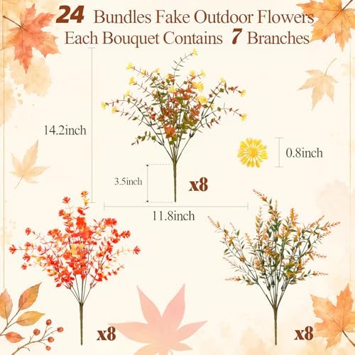 24 Bundles Artificial Fall Flowers for Outdoors Decor, Fake Mums Plants