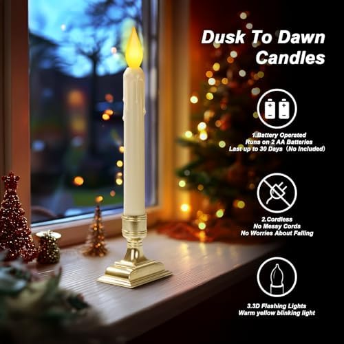 6 Pcs Sensor Dawn to Dusk Window Candles, Flickering Battery Candles for Windows, Ultra Bright Fake Candle Lights with Gold Holders, Led Candlesticks for Xmas Home Decor, Warm Yellow Light