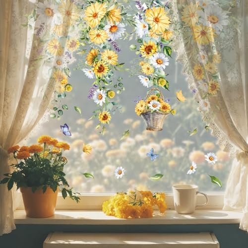 Whaline 9 Sheets Spring Summer Daisy Floral Window Cling Hanging Yellow White Flower Vine Glass Decals Sunflower Eucalyptus Reusable Window Decoration for Party Home Office Classroom