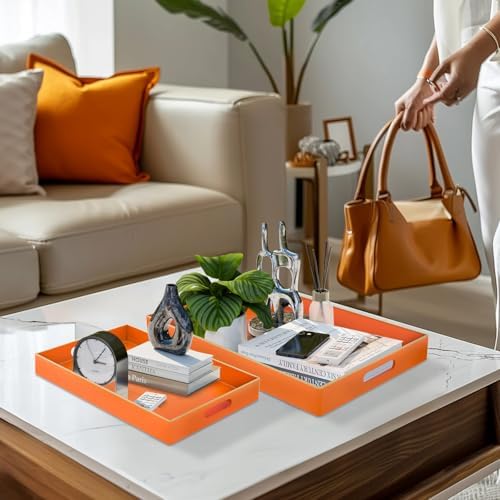 MAONAME Orange Serving Tray with Handles, Plastic Decorative Tray Set of 2