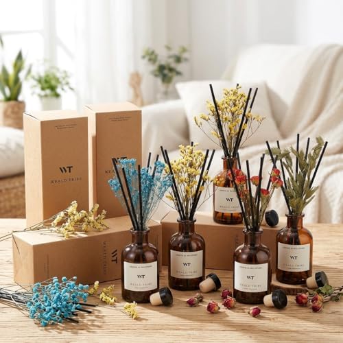 WEALD TRIBE Reed Diffuser Set for Bathroom Air Fresheners, Oil Diffuser Sticks with Flower | Lemongrass Scent 4.0 fl oz