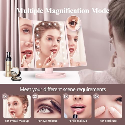 HUONUL 2X/3X/10X Magnifying Vanity Mirror with Light, Trifold Makeup Mirror