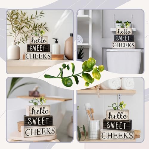 Moucuny 4 Pcs Bathroom Shelf Decor Hello Sweet Cheeks Sign Farmhouse Decor