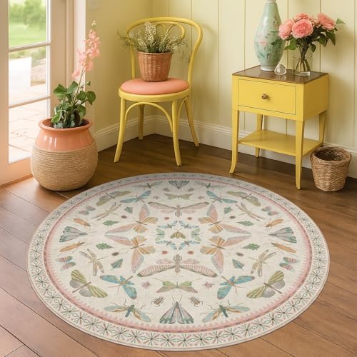 Boho Light Pink Round Rugs for Kids Bedroom - 4 ft Unique Circle Area Rugs for Baby Nursery, Washable Low Pile & Soft