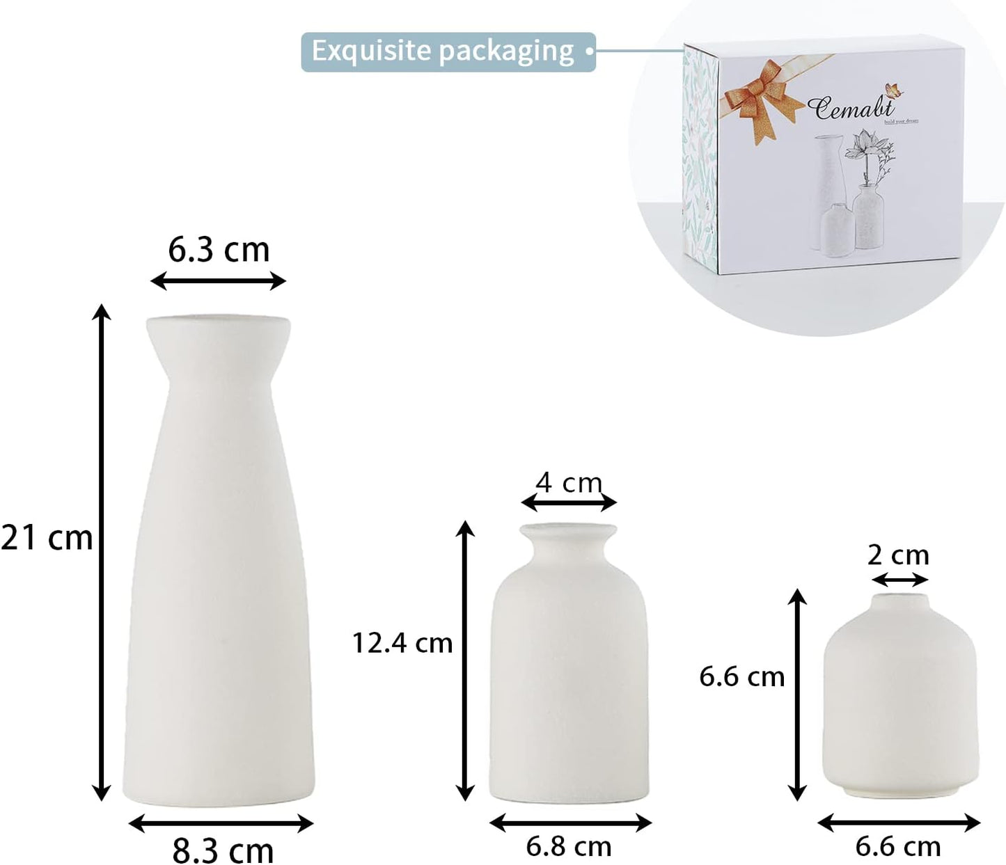 White Ceramic vase Set-3 Small Flower vases for Decor / 3set-white